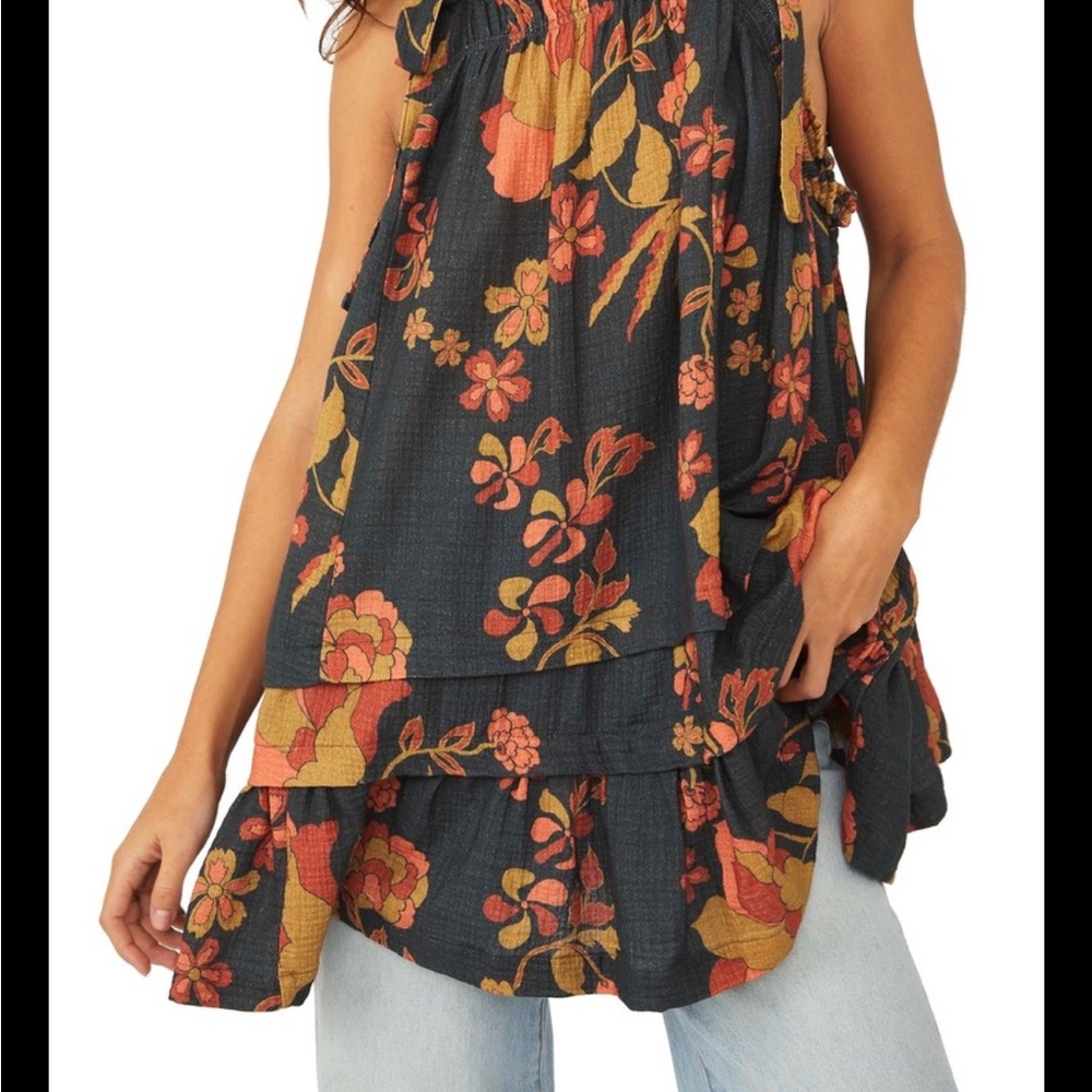 Free People Floral Blouse in Black and Orange